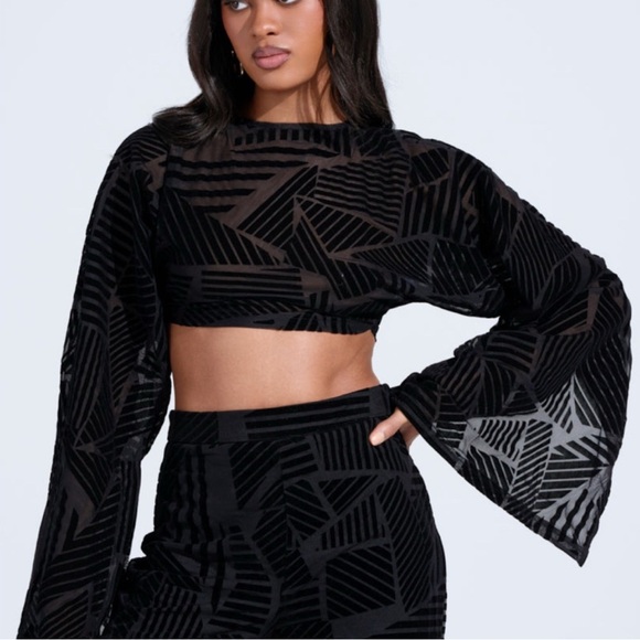 AKIRA Georgous Black Sheer Velvet Burnout Patterned Pant and Crop Top Set - Picture 6 of 7